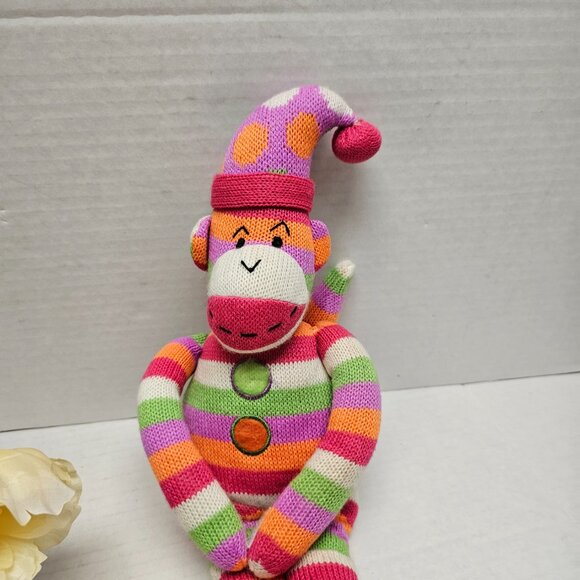 SCM Designs Sock Monkey Shelf Sitter Pastel Knit Crochet Stripped Stuffed Animal - Picture 2 of 8